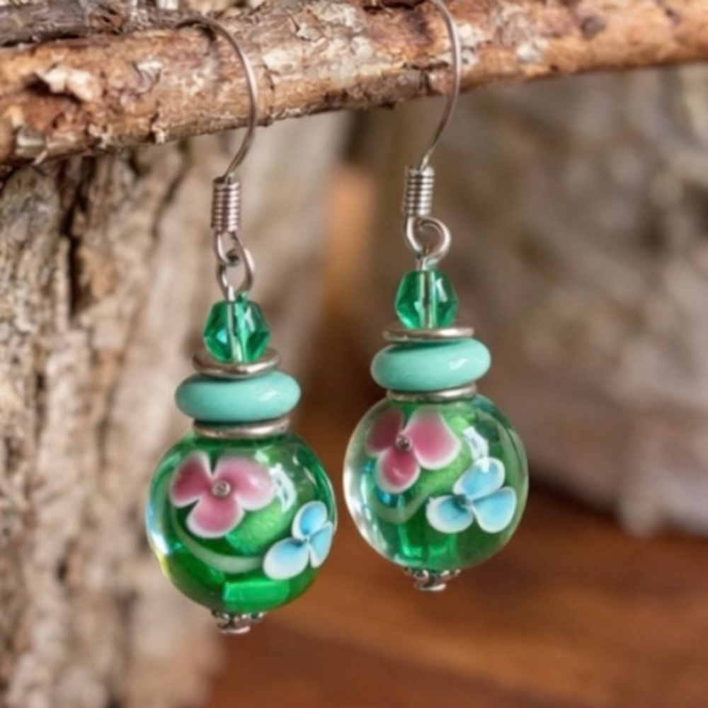 Vintage Lampwork Glass Dangle Earrings Green Pink Floral Artisan Cottagecore